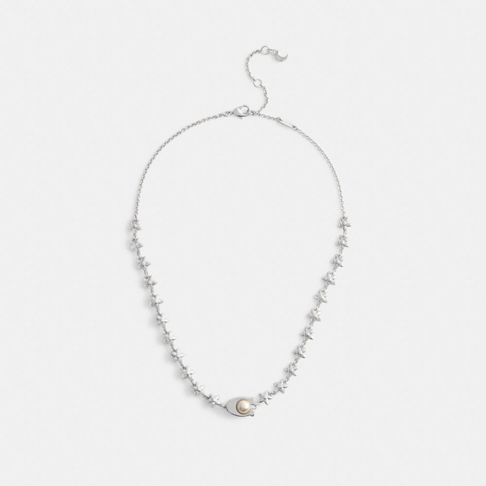 Coach Wildflower Chain Signature Necklace Silver Pearl