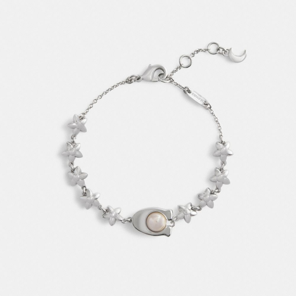 Coach Wildflower Chain Signature Linear Bracelet Silver Pearl