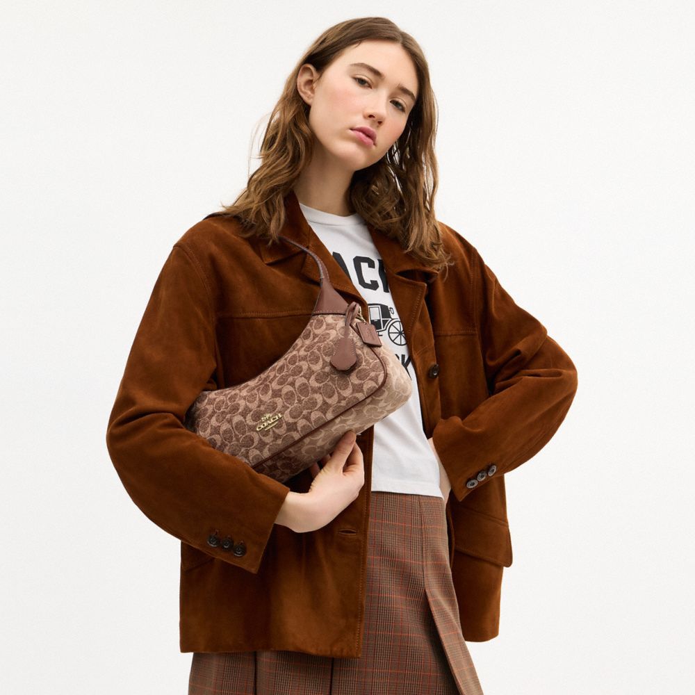 Coach Ella Small Shoulder Bag In Signature Chenille Gold Light Khaki Vintage Brown