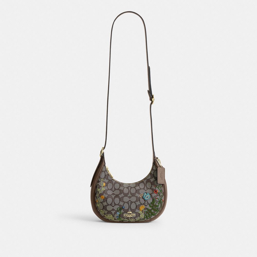 Coach Emily Shoulder Bag In Signature Jacquard With Floral Embroidery Gold Oak Multi