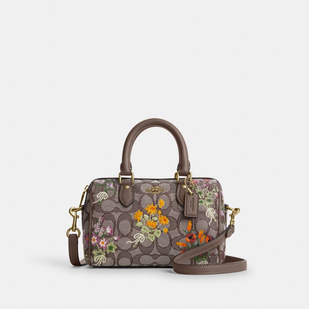 Coach Mini Rowan Crossbody Bag In Signature Jacquard With Floral Embroidery Gold Oak Multi