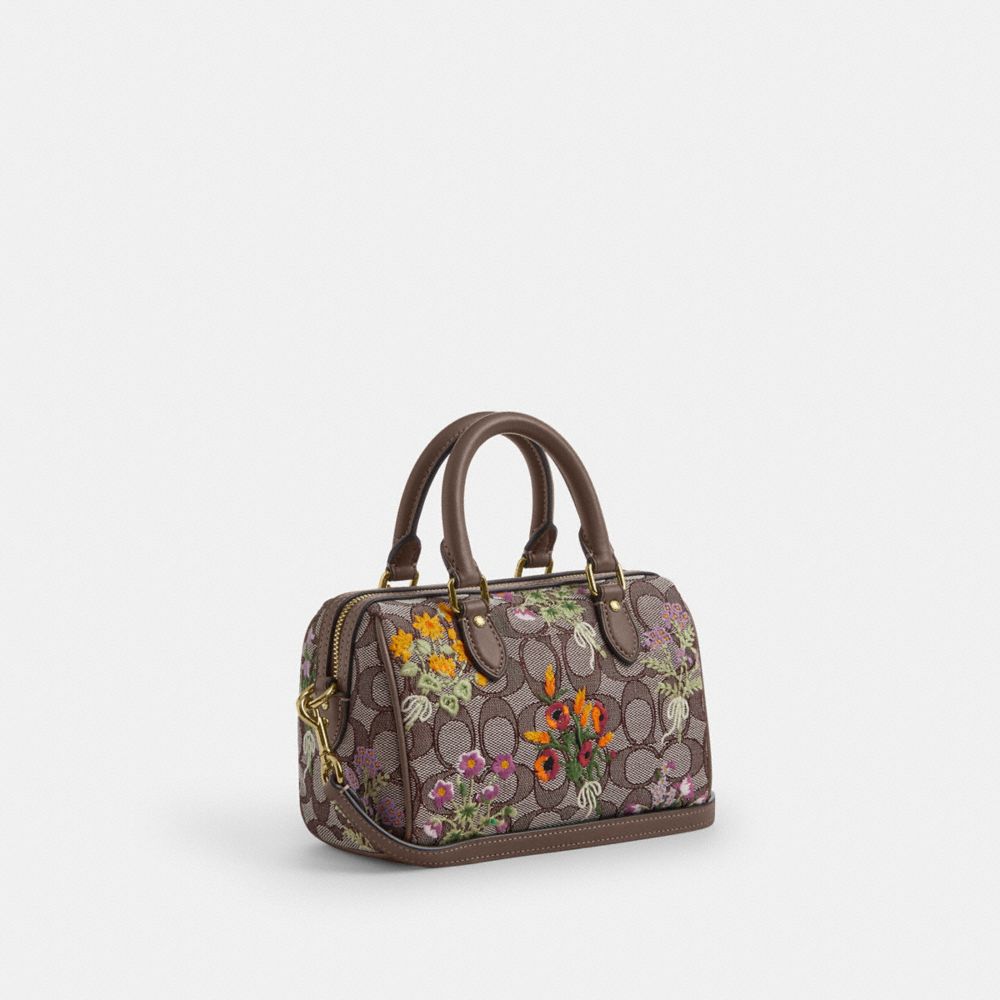 Coach Mini Rowan Crossbody Bag In Signature Jacquard With Floral Embroidery Gold Oak Multi