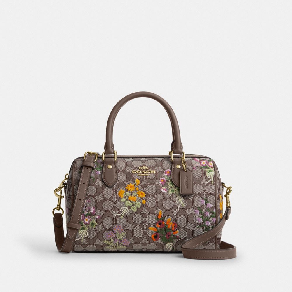 Coach Rowan Satchel Bag In Signature Jacquard With Floral Embroidery Gold Oak Multi