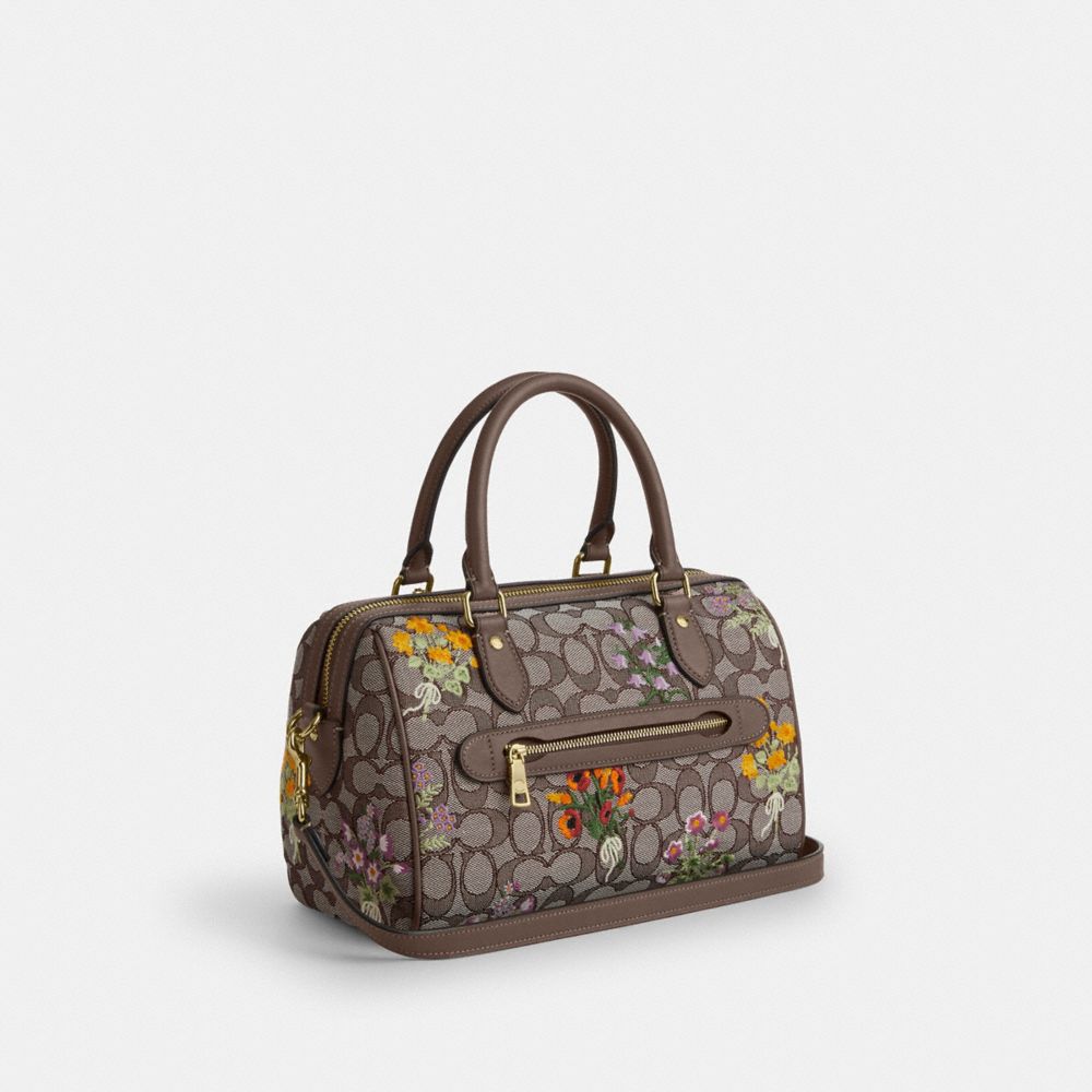 Coach Rowan Satchel Bag In Signature Jacquard With Floral Embroidery Gold Oak Multi