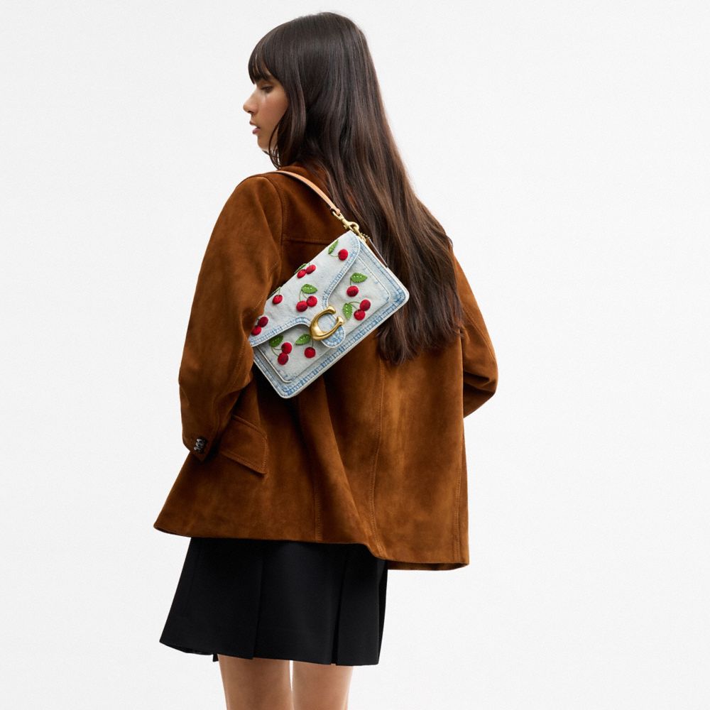 Coach Tabby Shoulder Bag 26 With Cherry Embroidery Brass Denim