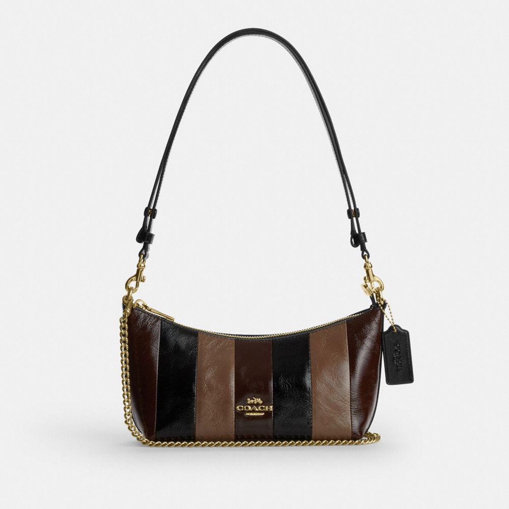 Coach Caitlin Shoulder Bag With Striped Patchwork Gold Black Multi