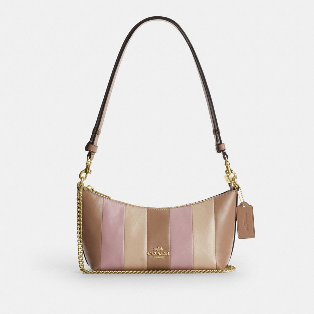 Coach Caitlin Shoulder Bag With Striped Patchwork Gold Taupe Multi