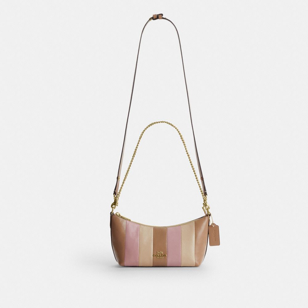 Coach Caitlin Shoulder Bag With Striped Patchwork Gold Taupe Multi