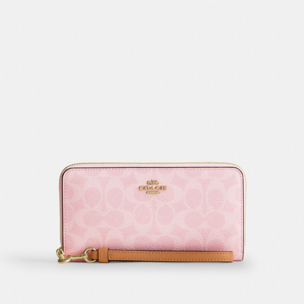 Coach Long Zip Around Wallet In Signature Canvas Gold Powder Pink