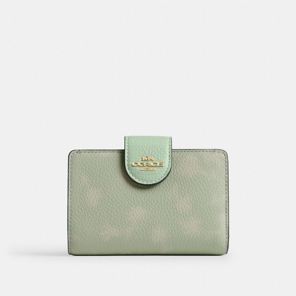 Coach Medium Corner Zip Wallet With Floral Print Gold Pale Green