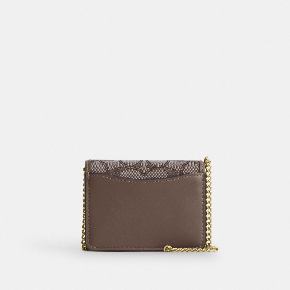 Coach Mini Wallet On A Chain In Signature Jacquard With Floral Embroidery Gold Oak Multi