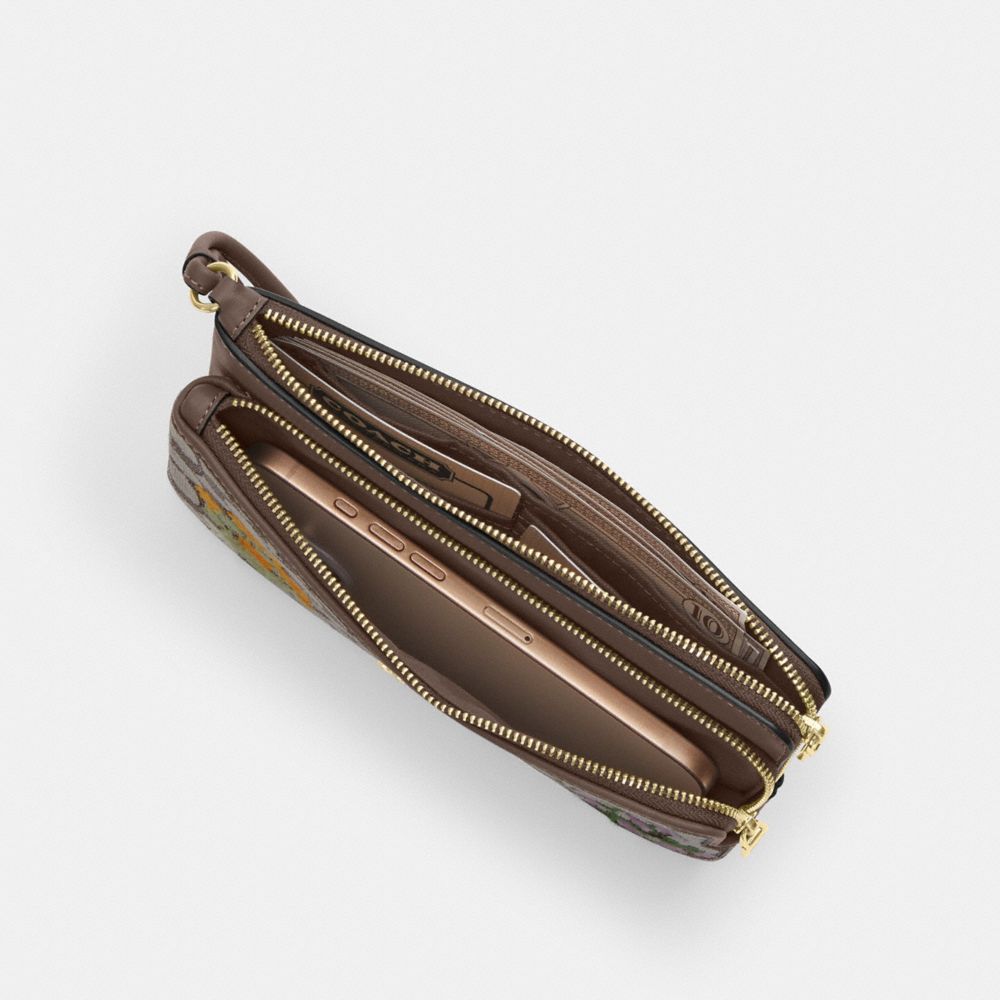 Coach Double Zip Wristlet In Signature Jacquard With Floral Embroidery Gold Oak Multi