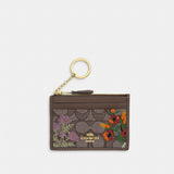 Coach Mini Skinny Id Case In Signature Jacquard With Floral Embroidery Gold Oak Multi