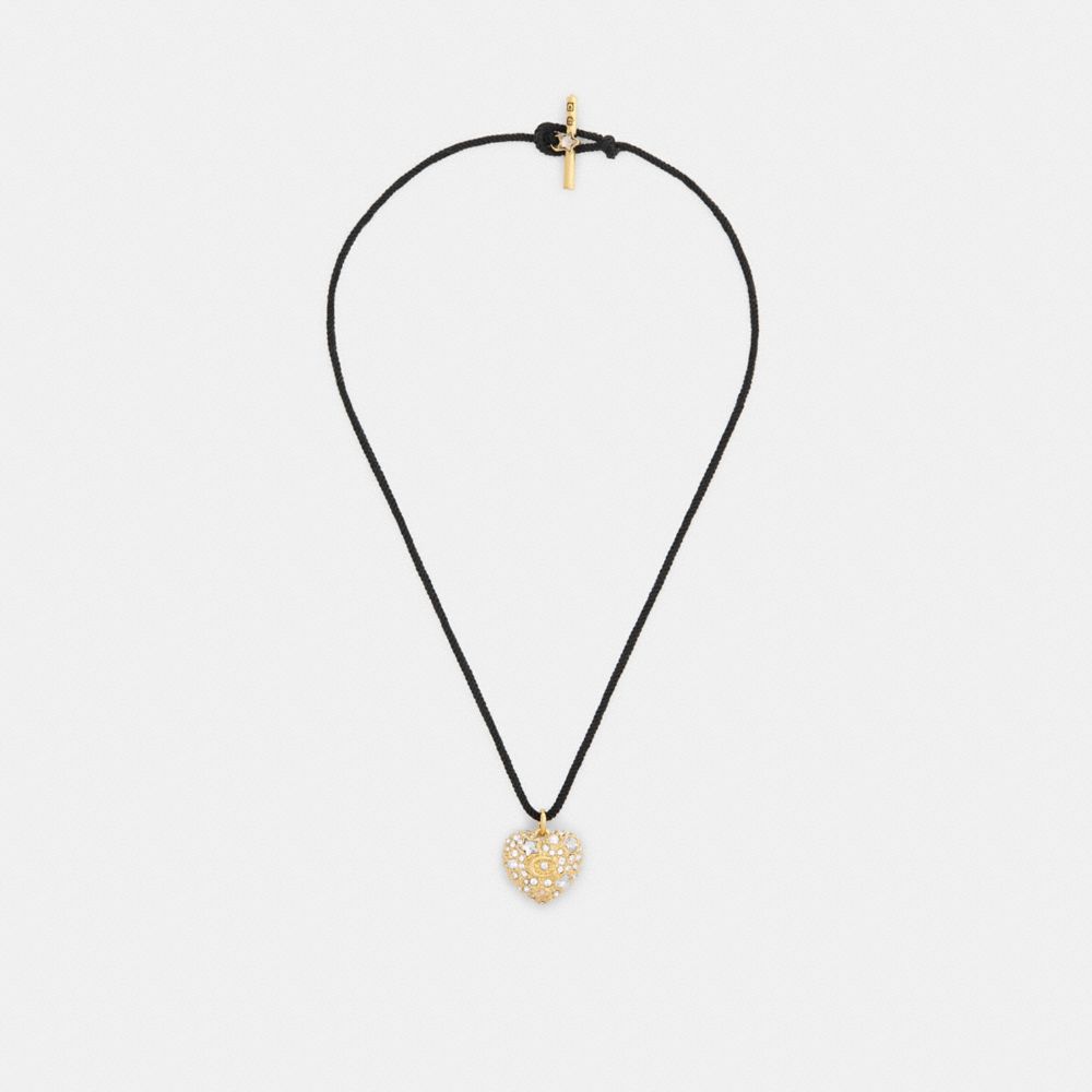 Coach Pavé Heart Cord Pendant Necklace Gold Black