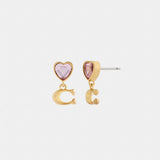 Coach Heart Signature Stud Drop Earrings Gold Pink