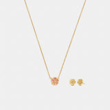 Coach Enamel Tea Rose Earrings And Necklace Set Gold Pink