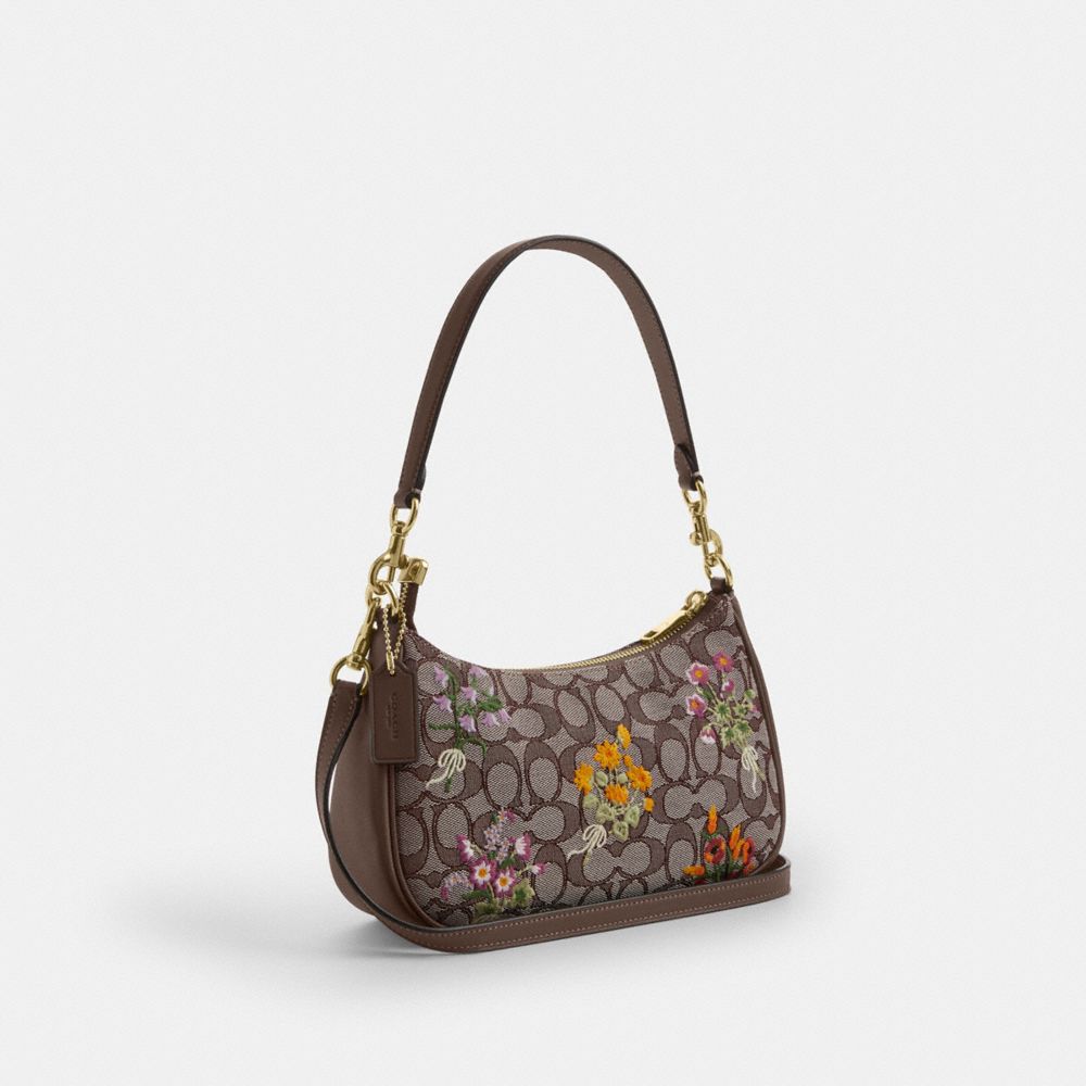 Coach Teri Shoulder Bag In Signature Jacquard With Floral Embroidery Gold Oak Multi