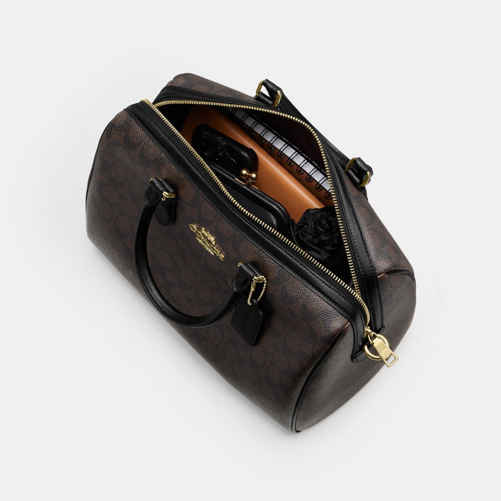Coach Rowan Large Satchel Bag In Signature Canvas Gold Walnut Black