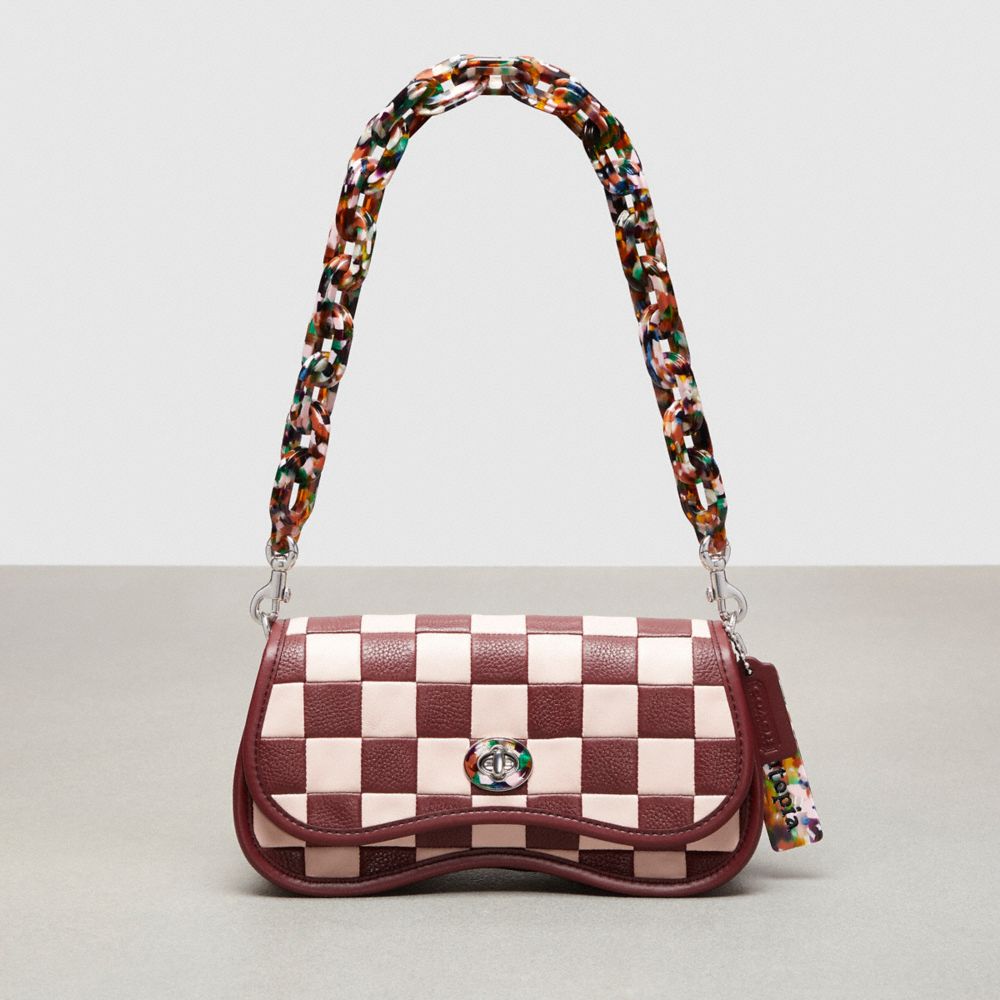 Coach Wavy Dinky Bag In Checkerboard Upcrafted Leather Wine Pink