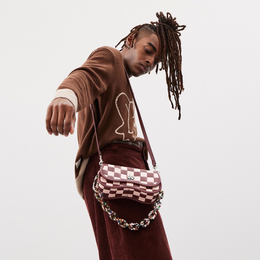 Coach Wavy Dinky Bag In Checkerboard Upcrafted Leather Wine Pink