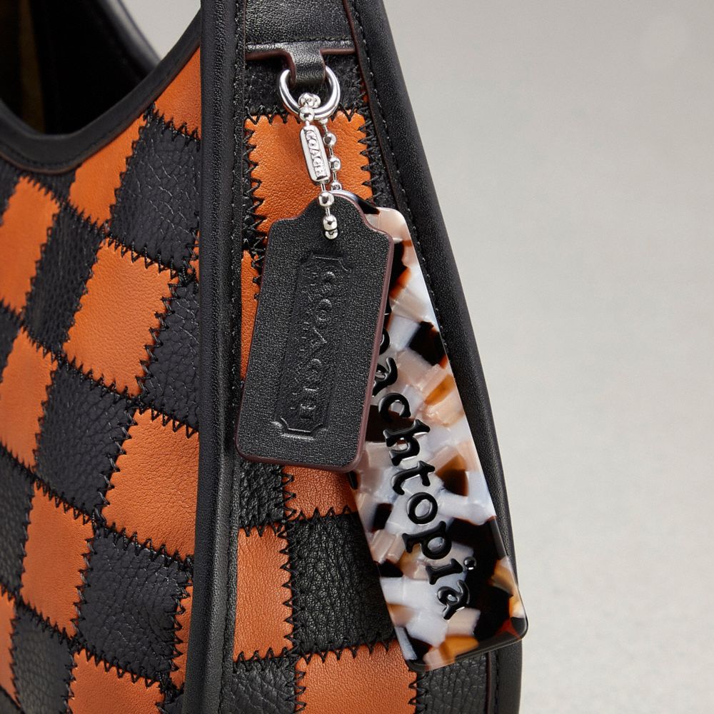 Coach Ergo Bag In Checkerboard Upcrafted Leather With Zig Zag Stitch Burnished Amber Black