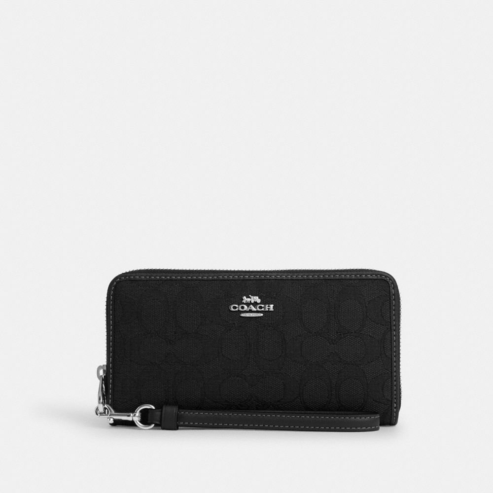 Coach Long Zip Around Wallet In Signature Jacquard Silver Black Black