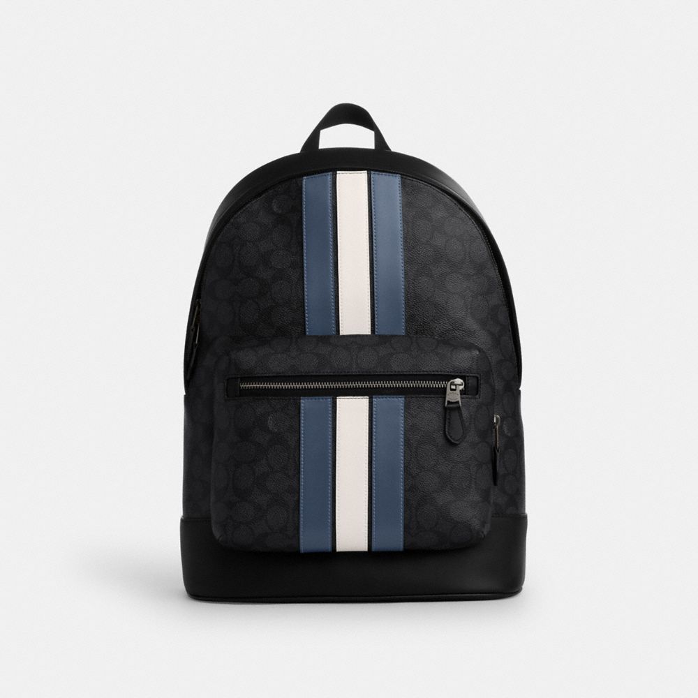 Coach West Backpack In Signature Canvas With Varsity Stripe Gunmetal Charcoal Denim Chalk