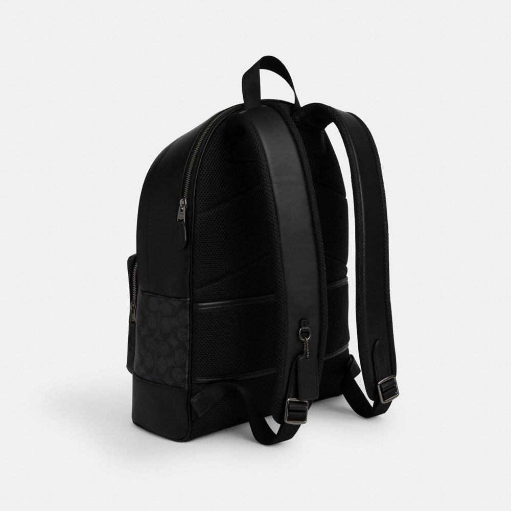 Coach West Backpack In Signature Canvas With Varsity Stripe Gunmetal Charcoal Denim Chalk