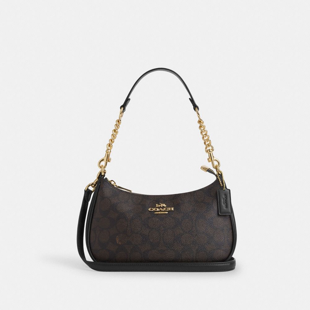 Coach Teri Shoulder Bag In Signature Canvas Gold Walnut Black