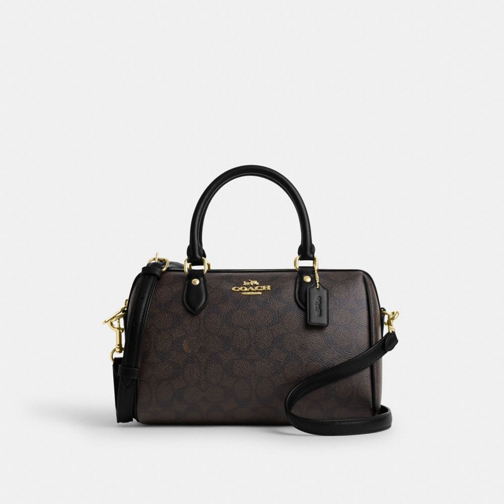 Coach Rowan Satchel Bag In Signature Canvas Gold Walnut Black