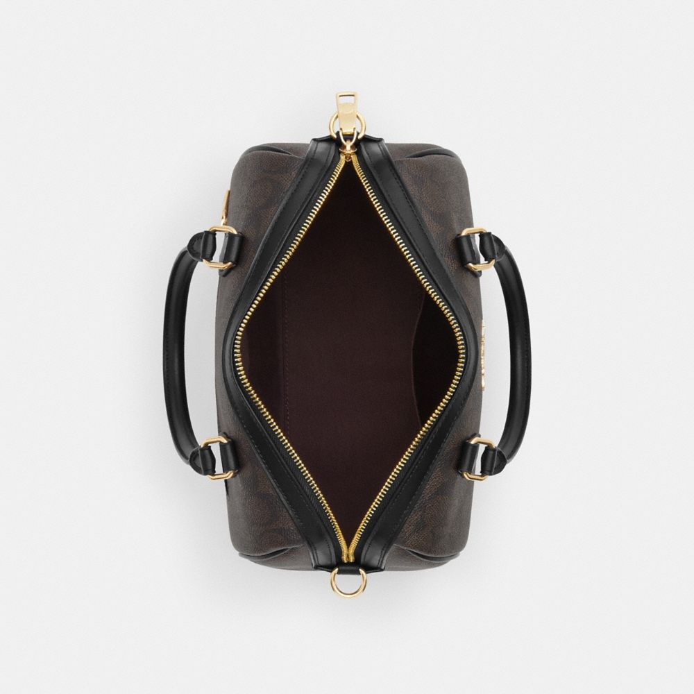 Coach Rowan Satchel Bag In Signature Canvas Gold Walnut Black