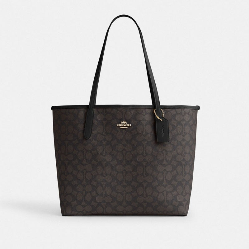 Coach City Tote Bag In Signature Canvas Gold Walnut Black