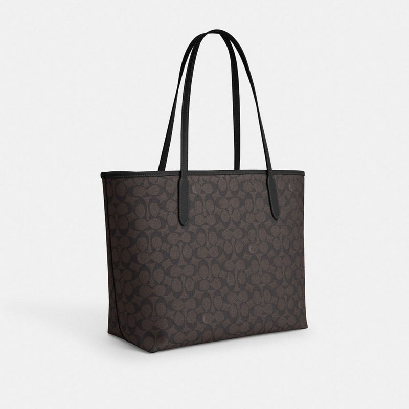 Coach City Tote Bag In Signature Canvas Gold Walnut Black