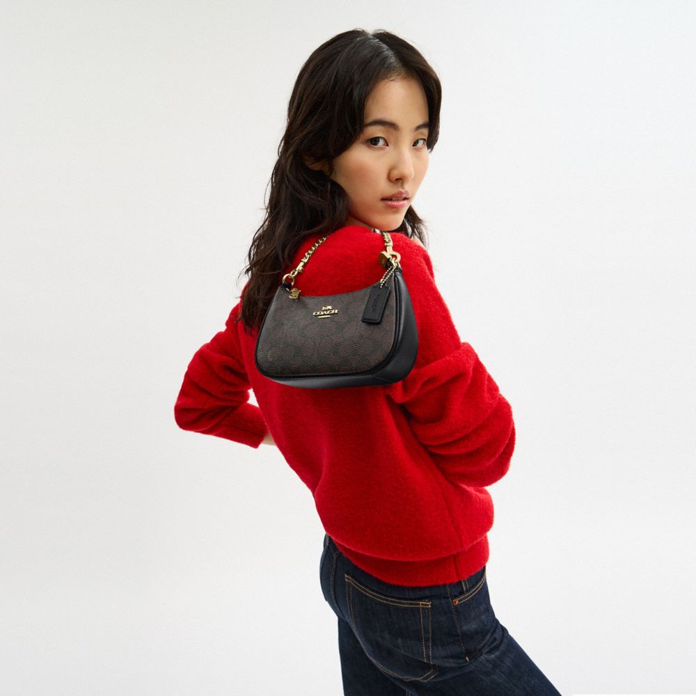 Coach Teri Mini Crossbody Bag In Signature Canvas Gold Walnut Black