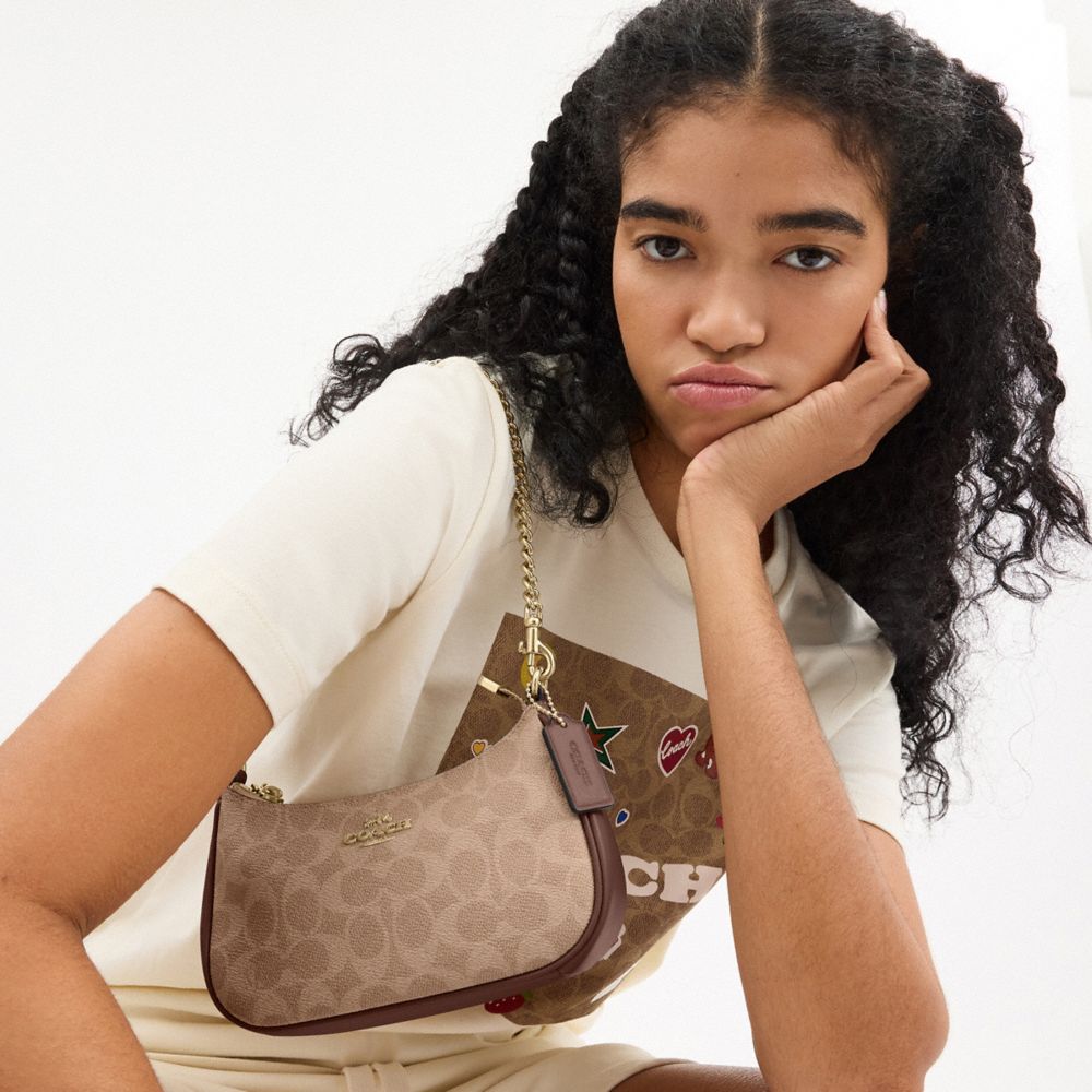 Coach Teri Mini Crossbody Bag In Signature Canvas Gold Tan Brown