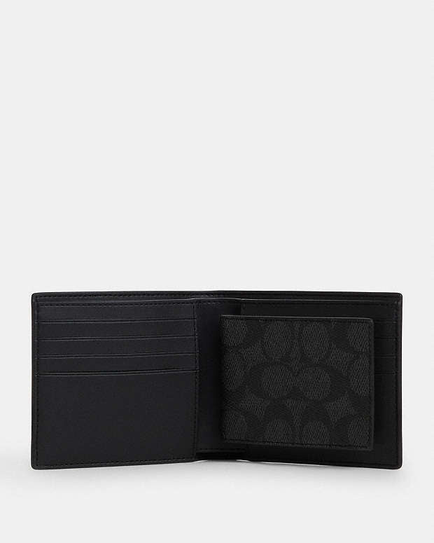 Coach Boxed 3 In 1 Wallet Gift Set In Signature Canvas Signature Canvas-Gunmetal-Charcoal-Black