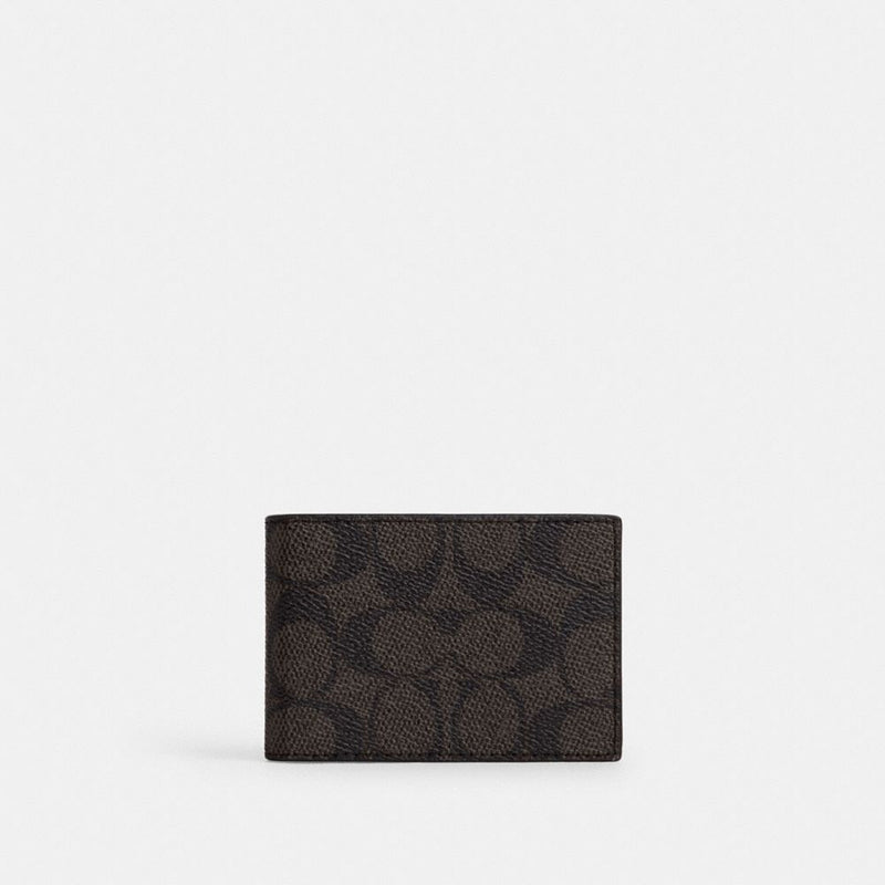 Coach Compact Billfold Wallet In Signature Canvas Walnut & Black