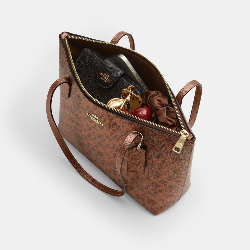 Coach Fiona Zip Tote Bag In Signature Canvas Gold Brown Copper