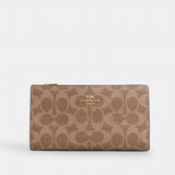 Coach Slim Zip Wallet In Signature Canvas Gold Tan Brown
