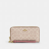 Coach Long Zip Around Wallet In Signature Canvas Gold Sand Peony