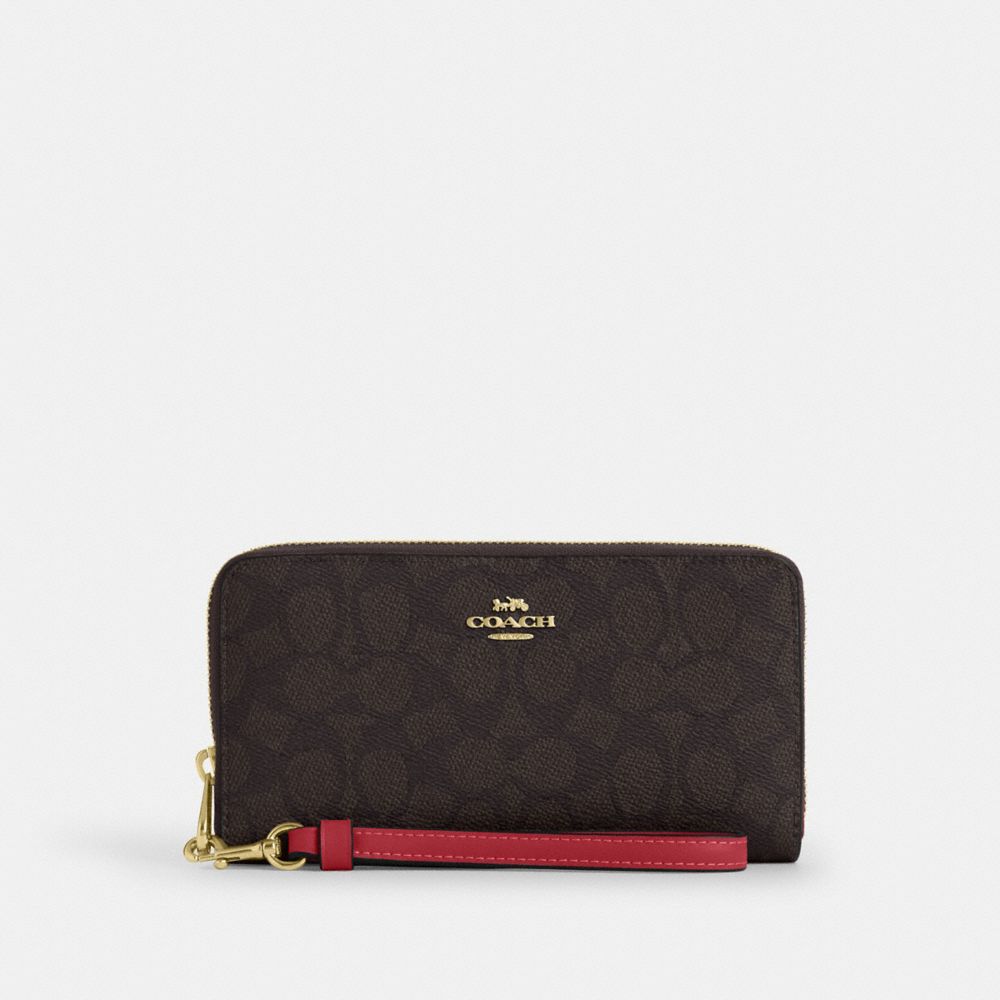 Coach Long Zip Around Wallet In Signature Canvas Gold Walnut True Red