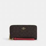 Coach Long Zip Around Wallet In Signature Canvas Gold Walnut True Red