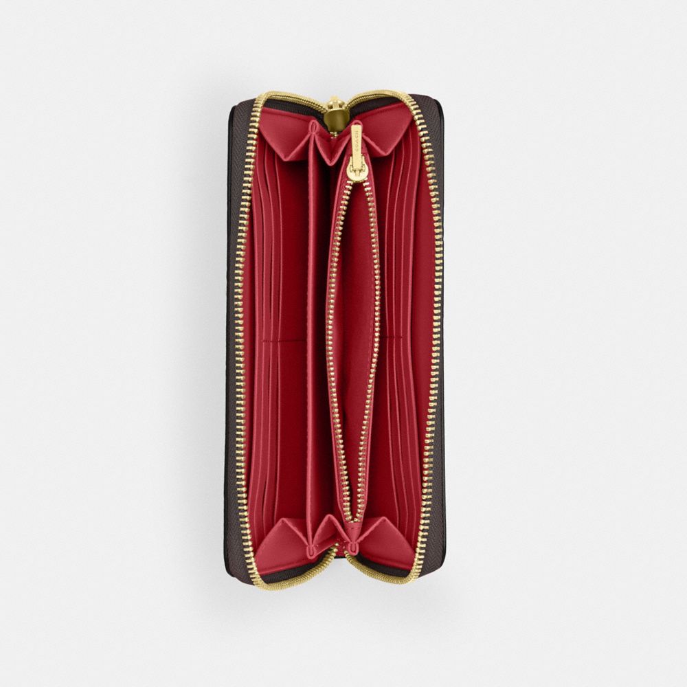 Coach Long Zip Around Wallet In Signature Canvas Gold Walnut True Red