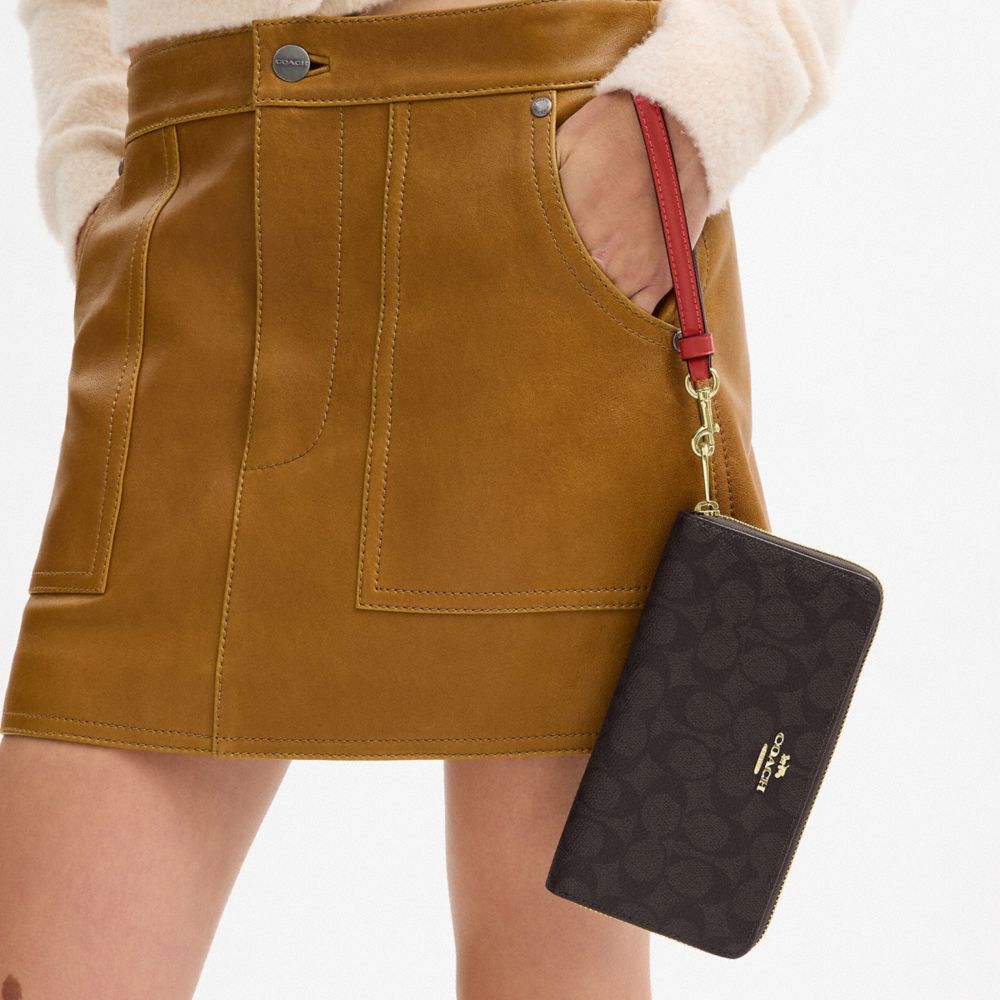Coach Long Zip Around Wallet In Signature Canvas Gold Walnut True Red