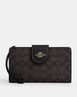 Coach Phone Wallet In Signature Canvas Signature Canvas-Gold-Walnut-Black