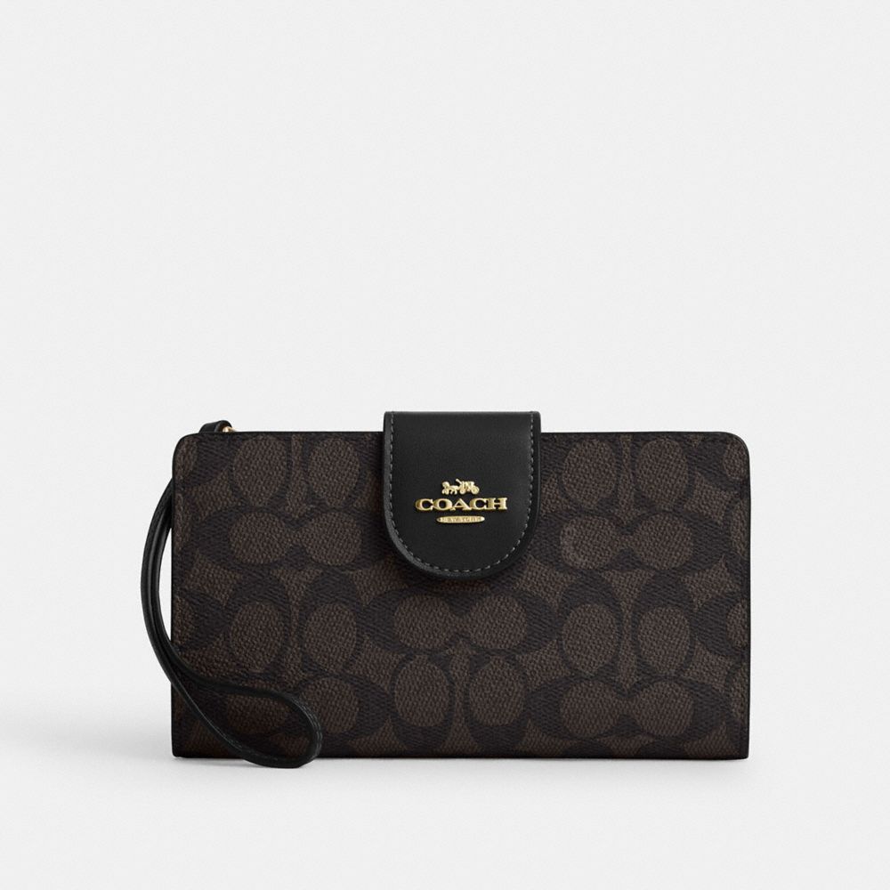 Coach Phone Wallet In Signature Canvas Gold Walnut Black
