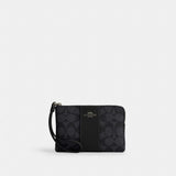 Coach Corner Zip Wristlet In Signature Canvas With Stripe Gunmetal Charcoal Black