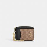 Coach Zip Card Case In Signature Canvas Gold Tan Black