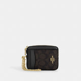 Coach Zip Card Case In Signature Canvas Gold Walnut Black