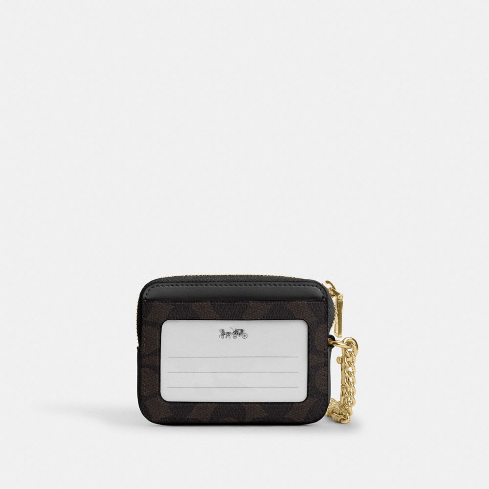 Coach Zip Card Case In Signature Canvas Gold Walnut Black